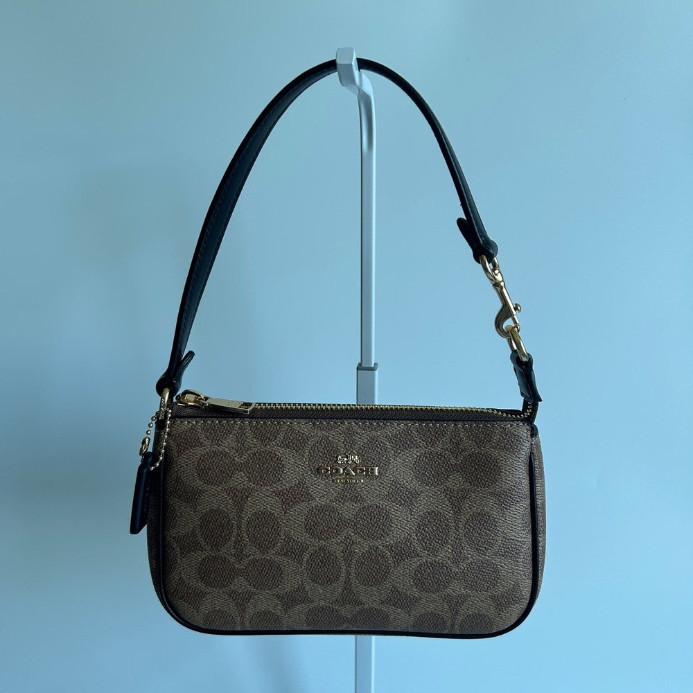 Coach Nolita 19 Tan Black Signature Canvas Wristlet Bag Excellent
